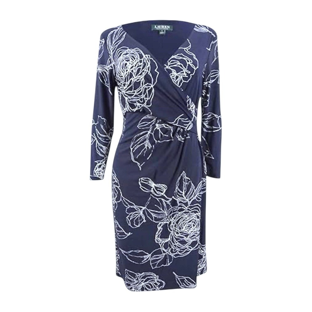 Lauren Ralph Lauren Navy Blue White Floral Faux Wrap Dress 3/4 Sleeve Size 0
